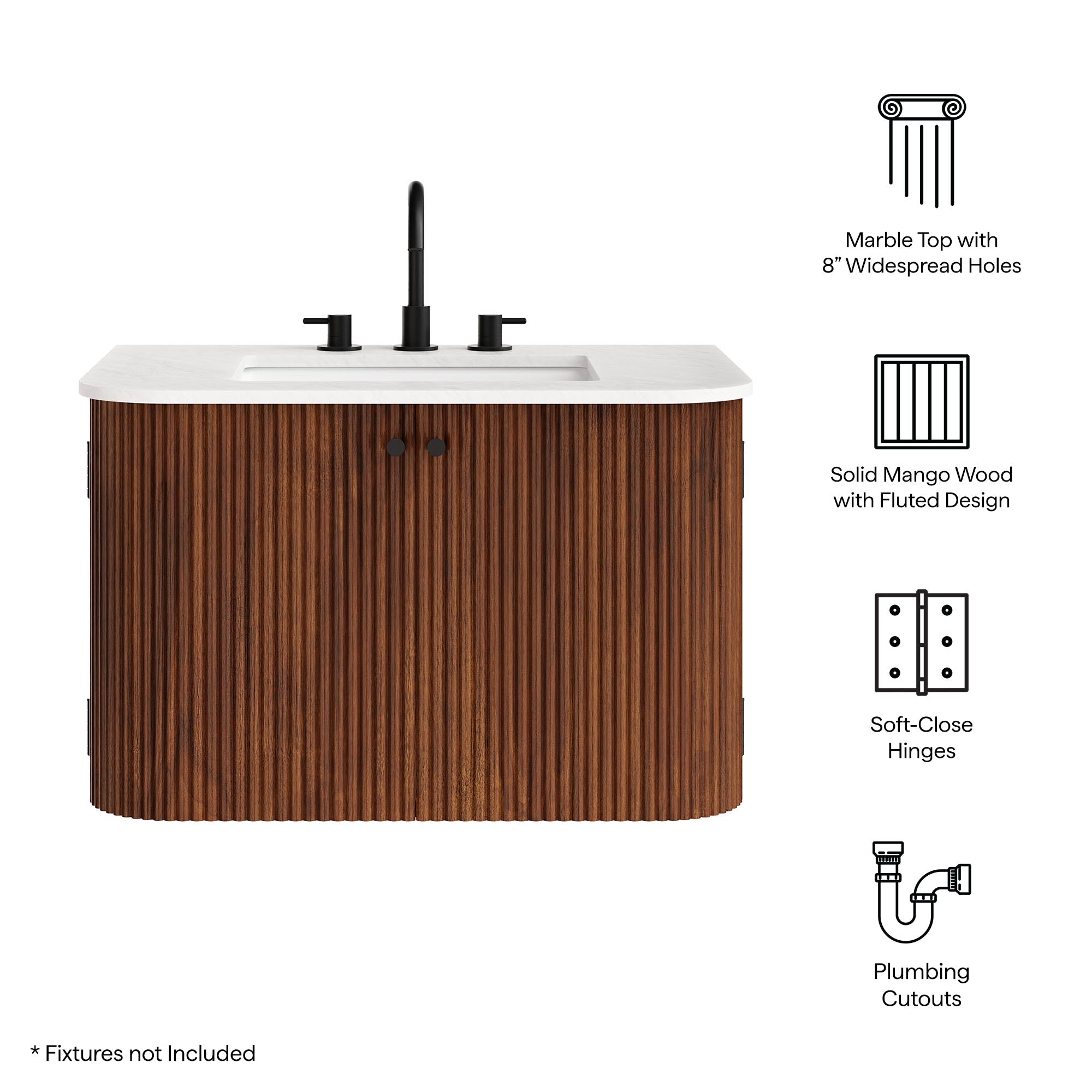 Wall Mount Bathroom Vanity With Marble Sink | Zia Series | 24" & 30" Sizes Available | Natural, Ivory & Walnut Color Options | Modern Design | Soft-Close Hinges | 8" Widespread Faucet Holes | Fluted Pattern image 1