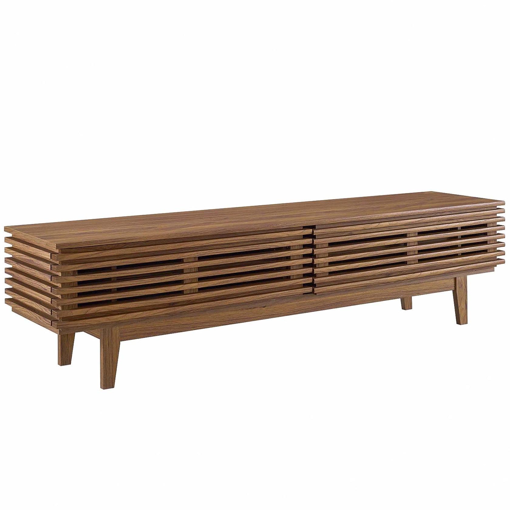 Render 71" TV Stand | Oak &amp; Walnut Finish Options | Mid-Century Modern TV Stand | Smooth Wood Grain Laminate | Durable Particleboard | Two Bottom-Hinged Doors image 9