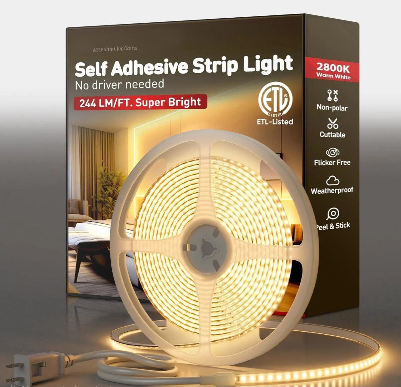 LED Strip Light Super Bright 800LM/M, Plug&amp;Play 110V Driverless Easy Wiring | Flicker Free Weatherproof for Outdoor Indoor | Min. 3.9” Cuttable, Stickable | 2800K Warm White | ETL Listed image 0