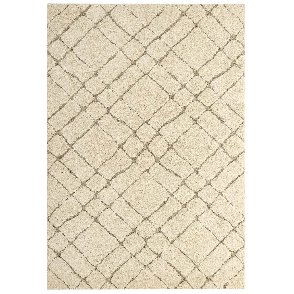 Jubilant Verona Abstract Geometric Shag 5x8 Area Rug | Creame and Beige | Shag Weave Of 1.18 Inches | Gripping Jute Fabric Underside | Soft High Density Polypropylene image 1