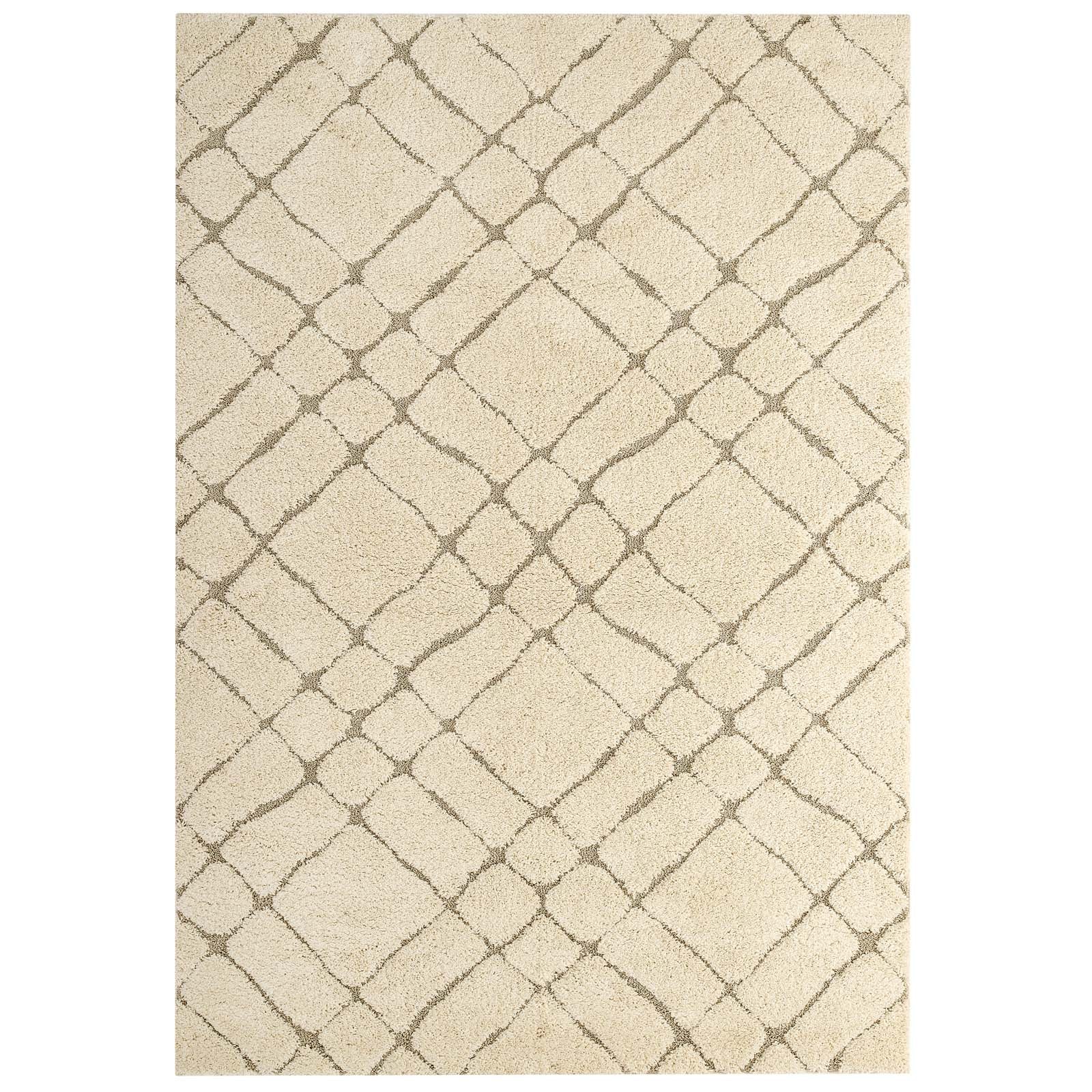 Jubilant Verona Abstract Geometric Shag 5x8 Area Rug | Creame and Beige | Shag Weave Of 1.18 Inches | Gripping Jute Fabric Underside | Soft High Density Polypropylene image 1