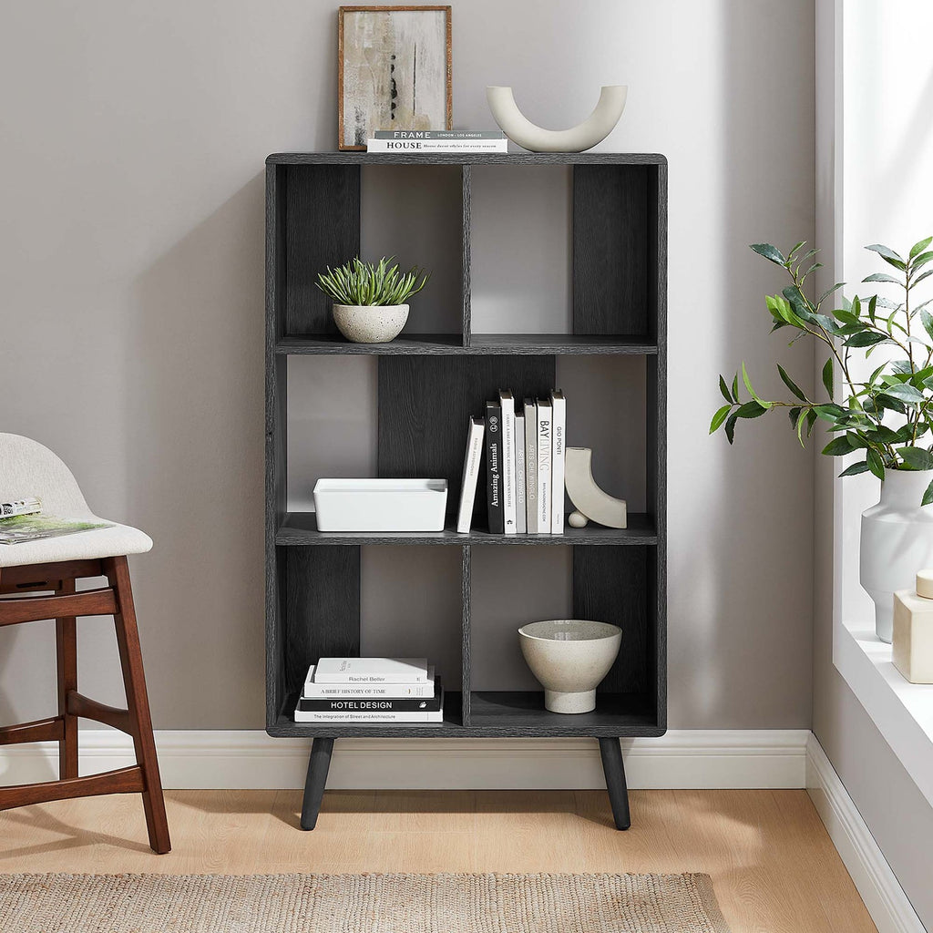 Transmit 5 Shelf Wood Grain Bookcase | Walnut, Charcoal &amp; Oak Color Options| Contemporary Three Tiered Bookcase | Smooth Wood Grain Laminate | Five Spacious Storage Units image 0