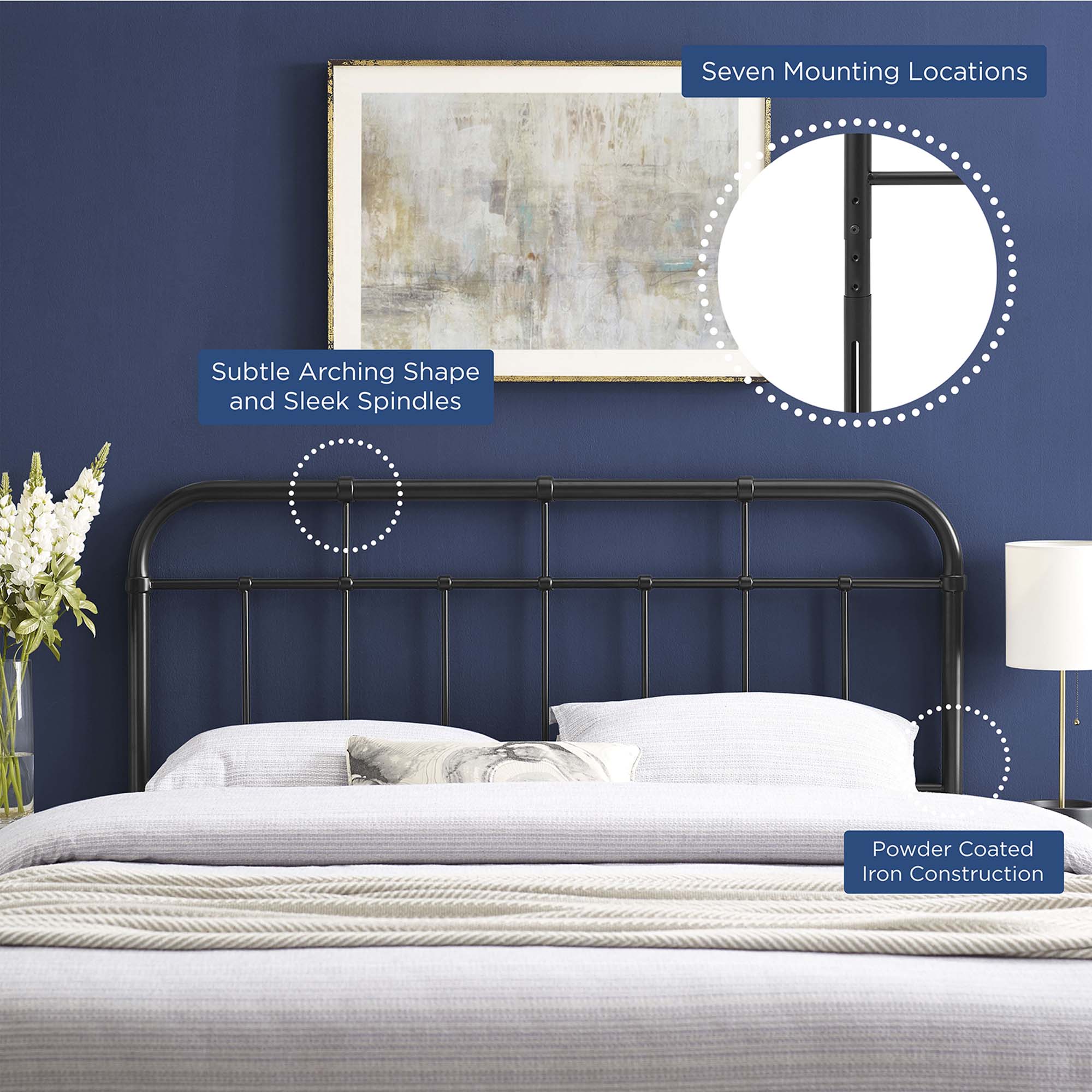Alessia Metal Queen Height Adjustable Headboard | Powder Coated Iron Construction | Twin, Full, Queen &amp; King Sizes Available | Black, Gray, Gold &amp; White Color Options | Pack Of 2 image 2