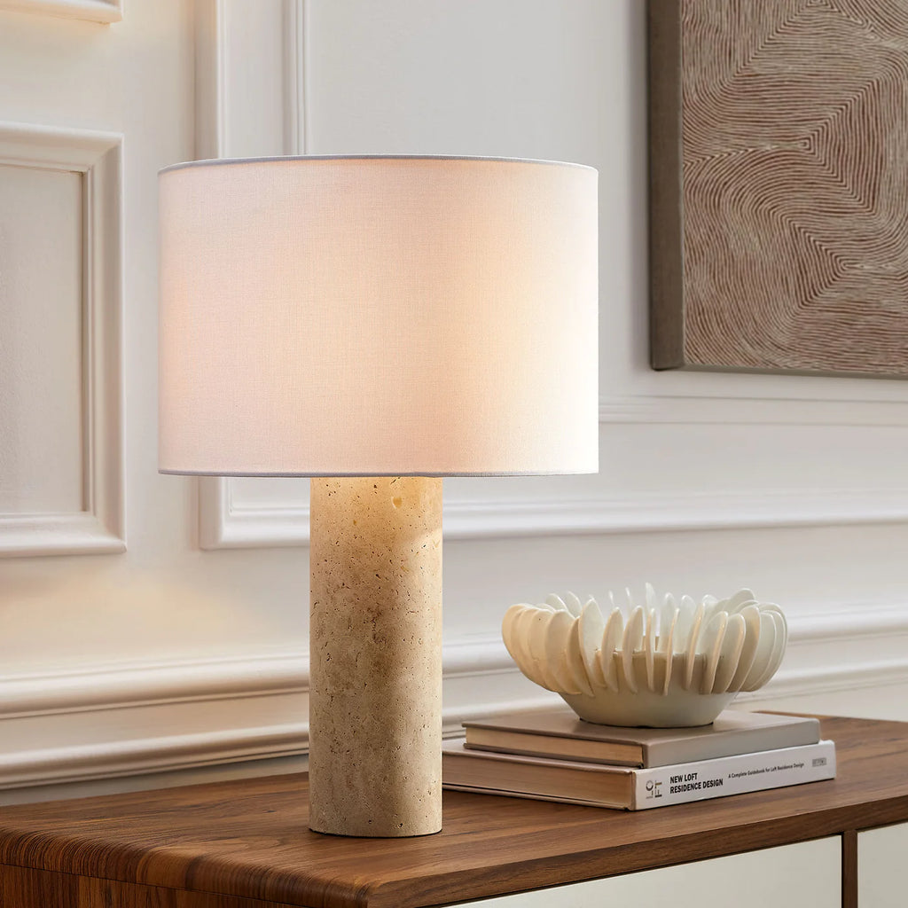 Zenith Travertine Table Lamp with a Fabric Drum Shade in Natural Travertine | Pack of 2 image 0