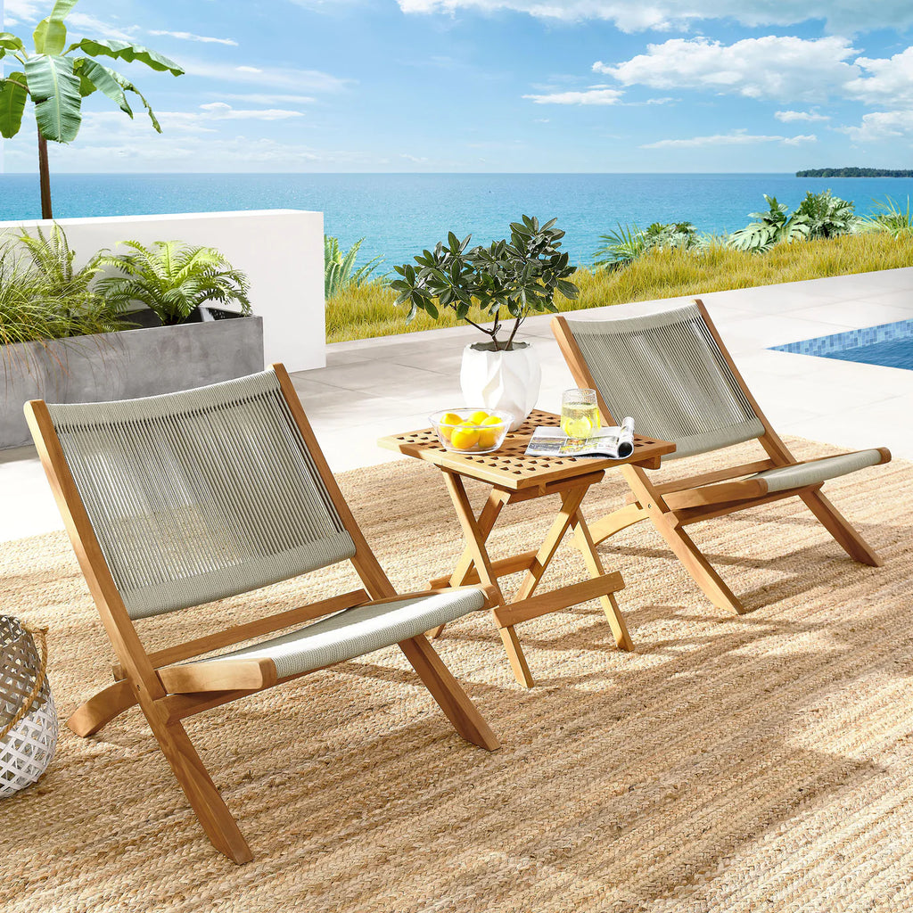 Vienna 3-Piece Outdoor Patio Folding Lounge Chair and Side Table Set in Teak and Rope image 8