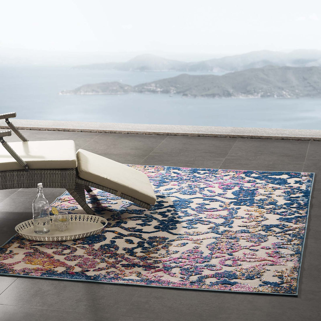 Reflect Primrose Ornate Floral Lattice Indoor/Outdoor Area Rug  | 5X8 &amp; 8X10 Size Options  | Ivory Dark Blue Multicolored &amp; Ivory Light Blue Multicolored | Tight Low Pile Weave | Gripping Rubber Underside | 100% Polypropylene Sisal image 1