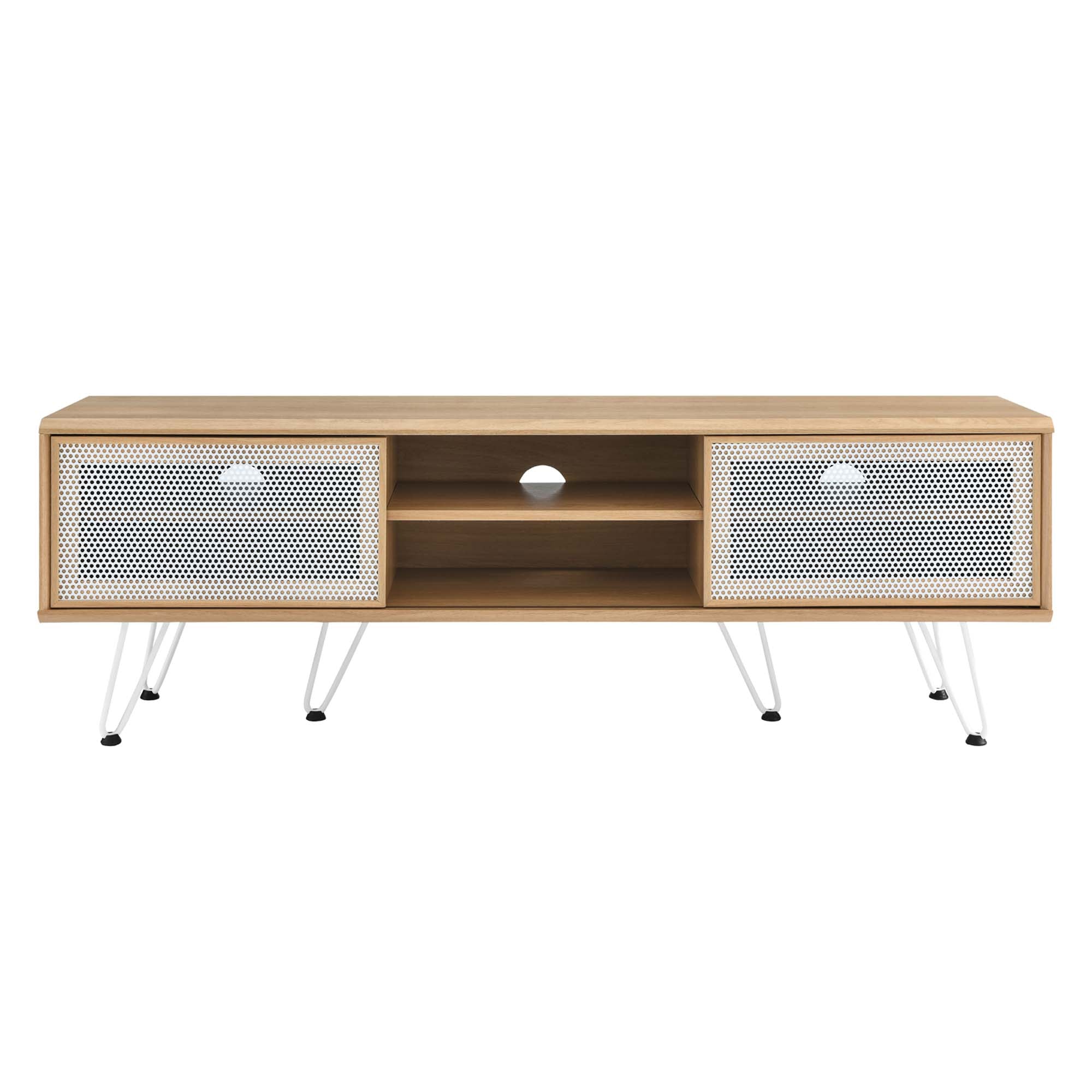 Nomad 59" TV Stand | Oak &amp; Walnut Finish Options | Industrial Modern TV Stand | Sliding Mesh Doors | Honeycomb Core | Wood Grain Laminate | Hairpin Legs image 3