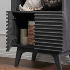 Render Display Cabinet Bookshelf | Oak &amp; Charcoal Color Options | Mid-Century Display Cabinet | Smooth Wood Grain Laminate | Soft-Close Hinges image 3