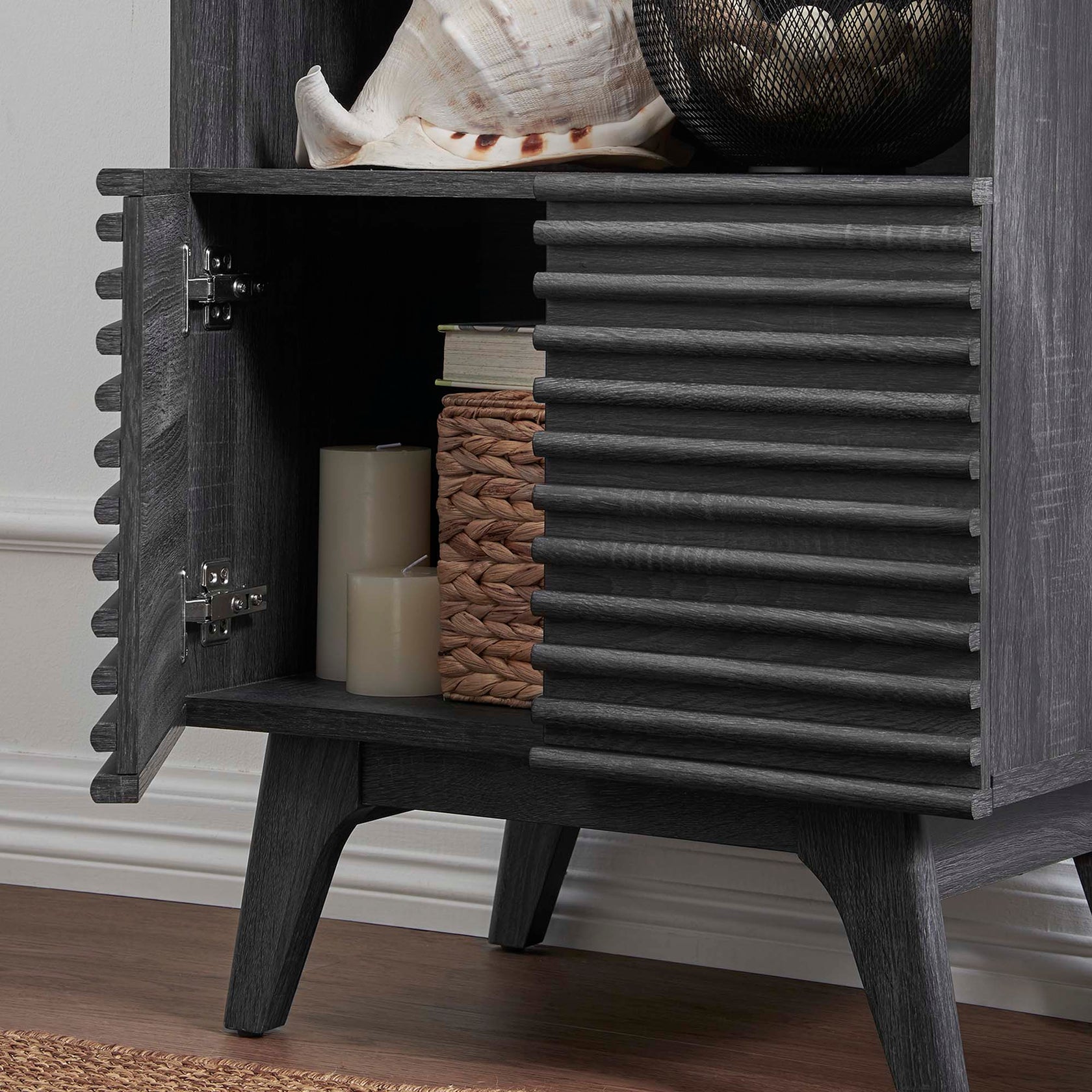 Render Display Cabinet Bookshelf | Oak &amp; Charcoal Color Options | Mid-Century Display Cabinet | Smooth Wood Grain Laminate | Soft-Close Hinges image 3