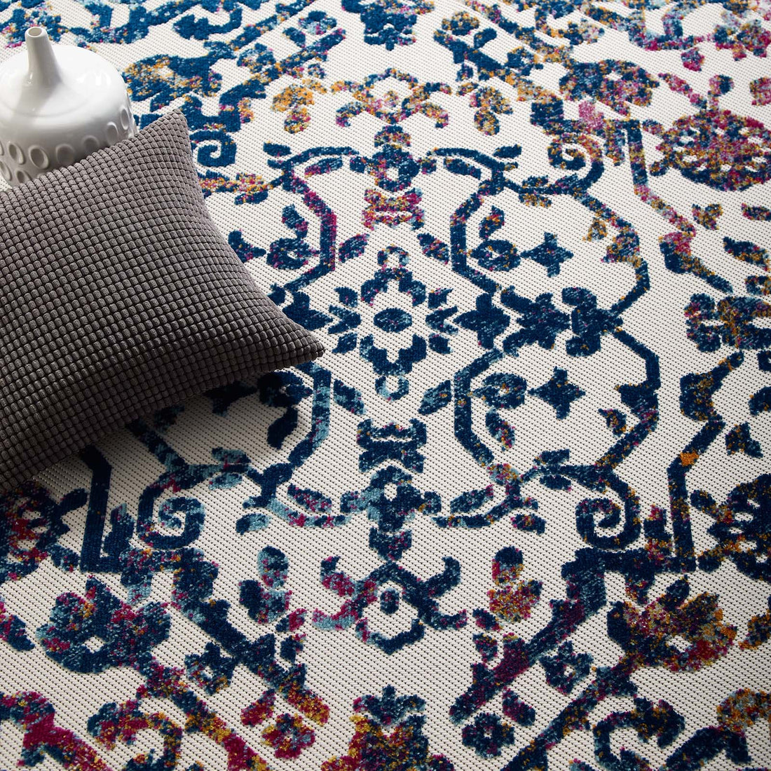Reflect Primrose Ornate Floral Lattice Indoor/Outdoor Area Rug  | 5X8 &amp; 8X10 Size Options  | Ivory Dark Blue Multicolored &amp; Ivory Light Blue Multicolored | Tight Low Pile Weave | Gripping Rubber Underside | 100% Polypropylene Sisal image 2