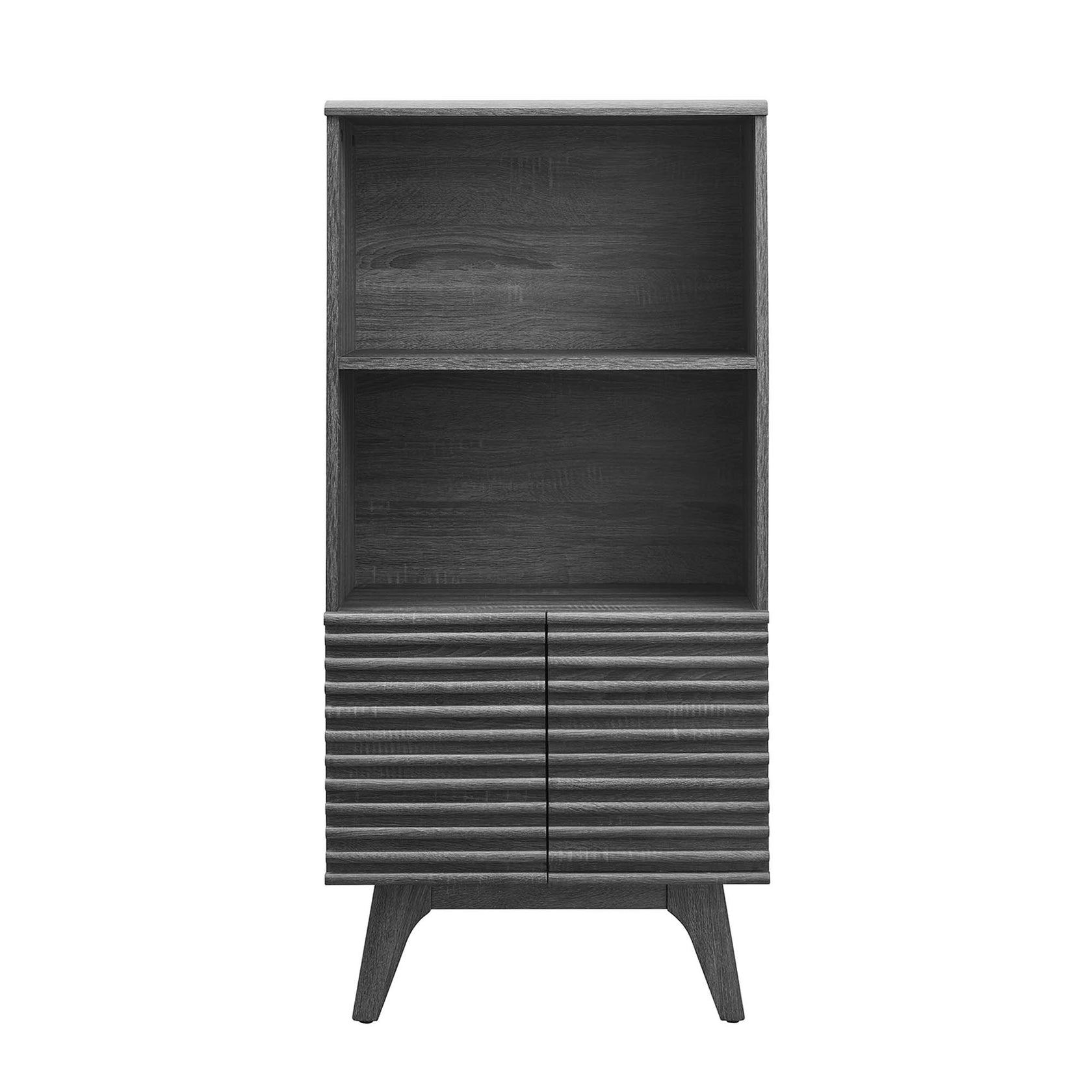 Render Display Cabinet Bookshelf | Oak &amp; Charcoal Color Options | Mid-Century Display Cabinet | Smooth Wood Grain Laminate | Soft-Close Hinges image 8