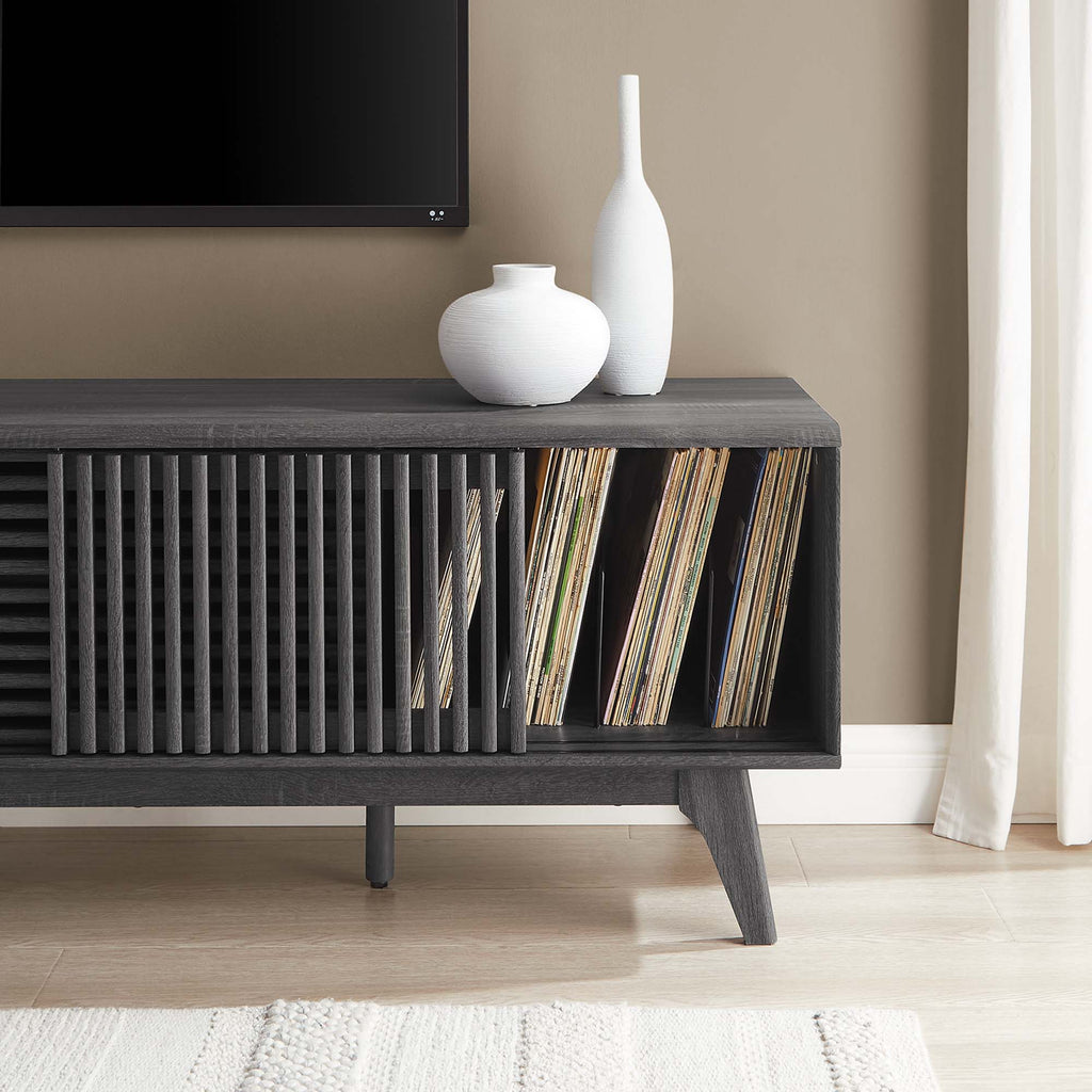 Iterate 59" TV Stand | Charcoal &amp; Walnut Finish Options | Contemporary TV Stand | Particleboard Construction | Wood Grain Laminate | Cable Management Holes | Slatted Sliding Doors image 1