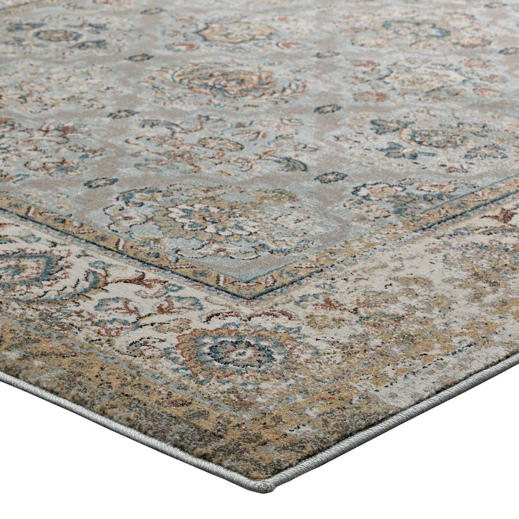 Hisa Distressed Vintage Floral Lattice 5x8 Area Rug in Silver Blue Beige and Brown | Tight Low Pile Weave | Gripping Rubber Underside | Two-Ply Polypropylene Yarn image 3