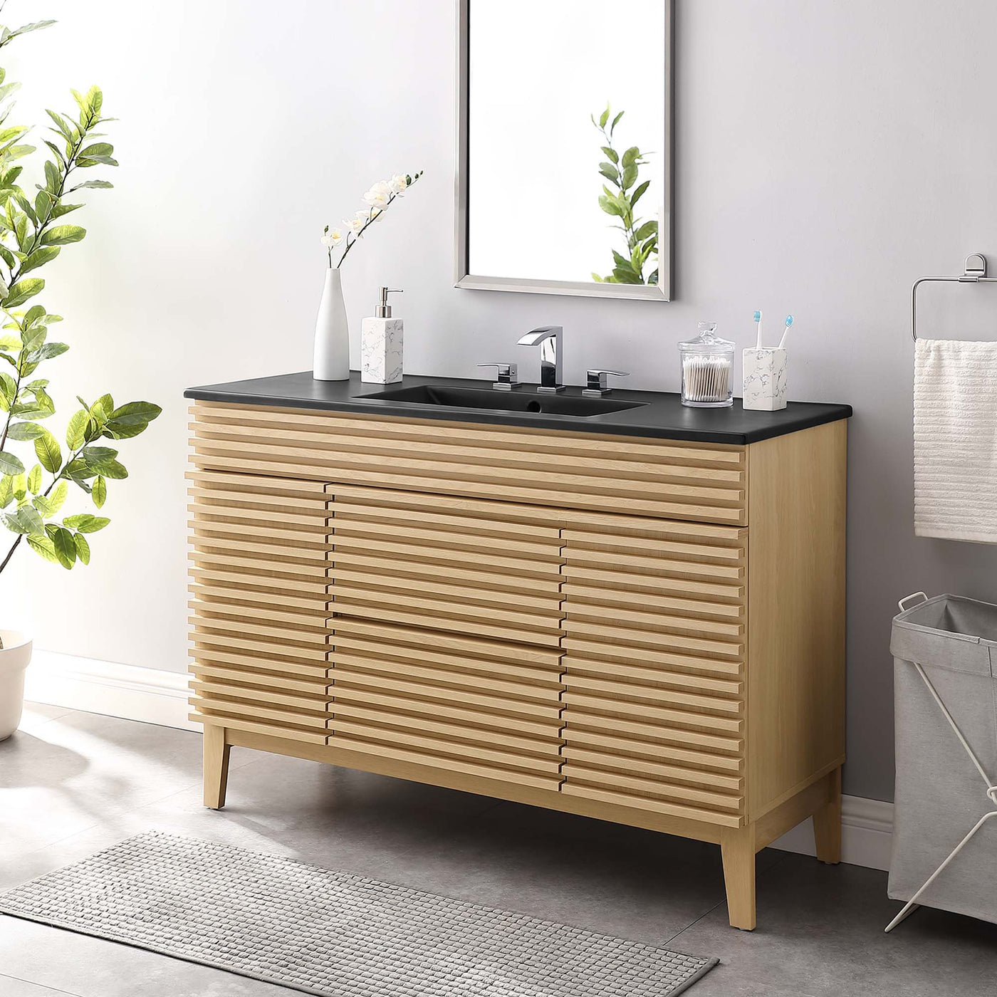 Bathroom Vanity With Sink | Walnut Black, Charcoal Black, Gray Black, White Black, White Walnut Black & Oak Black Color Options | 48" Single Or 48" Double Size Options | Render Series | Full Extension Drawer | Modern & Sleek  Design image 0