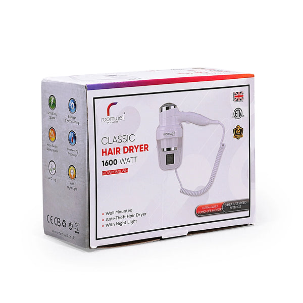 Roomwell UK 1600 Watt Wall Mount White Hair Dryer | 2 + 1-Year Extended Warranty at No Cost | Black Or White Color Options | Pack Of 4 image 5