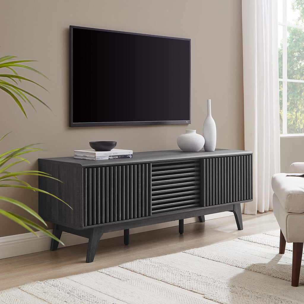 Iterate 59" TV Stand | Charcoal &amp; Walnut Finish Options | Contemporary TV Stand | Particleboard Construction | Wood Grain Laminate | Cable Management Holes | Slatted Sliding Doors image 0