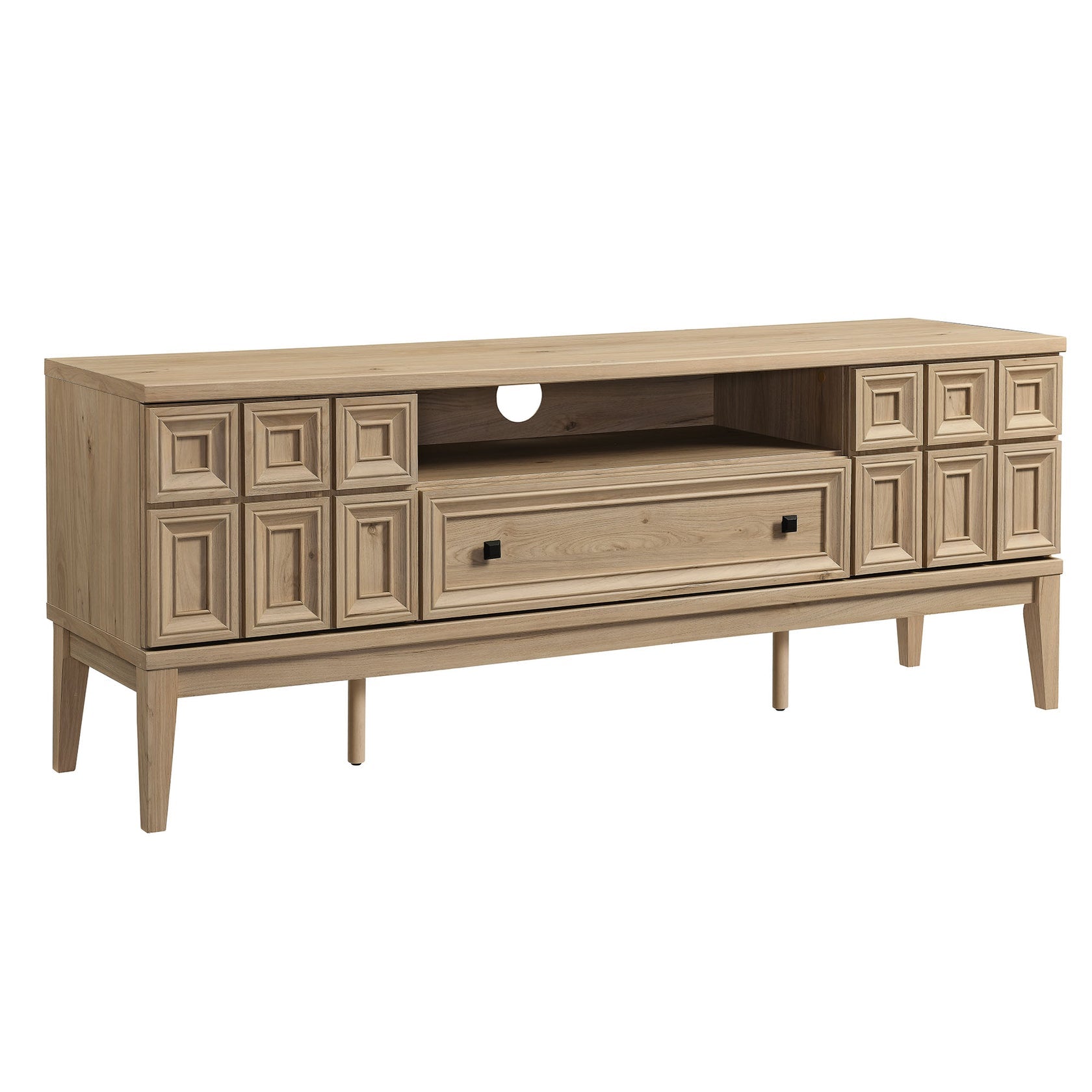 Samos 59" TV Stand | Light Oak &amp; Black Finish Options | Soft Close Hinges | 2 Push-to-Open Doors | Full-Glide Drawer | Cable Management Hole | Central Leveling Legs image 9
