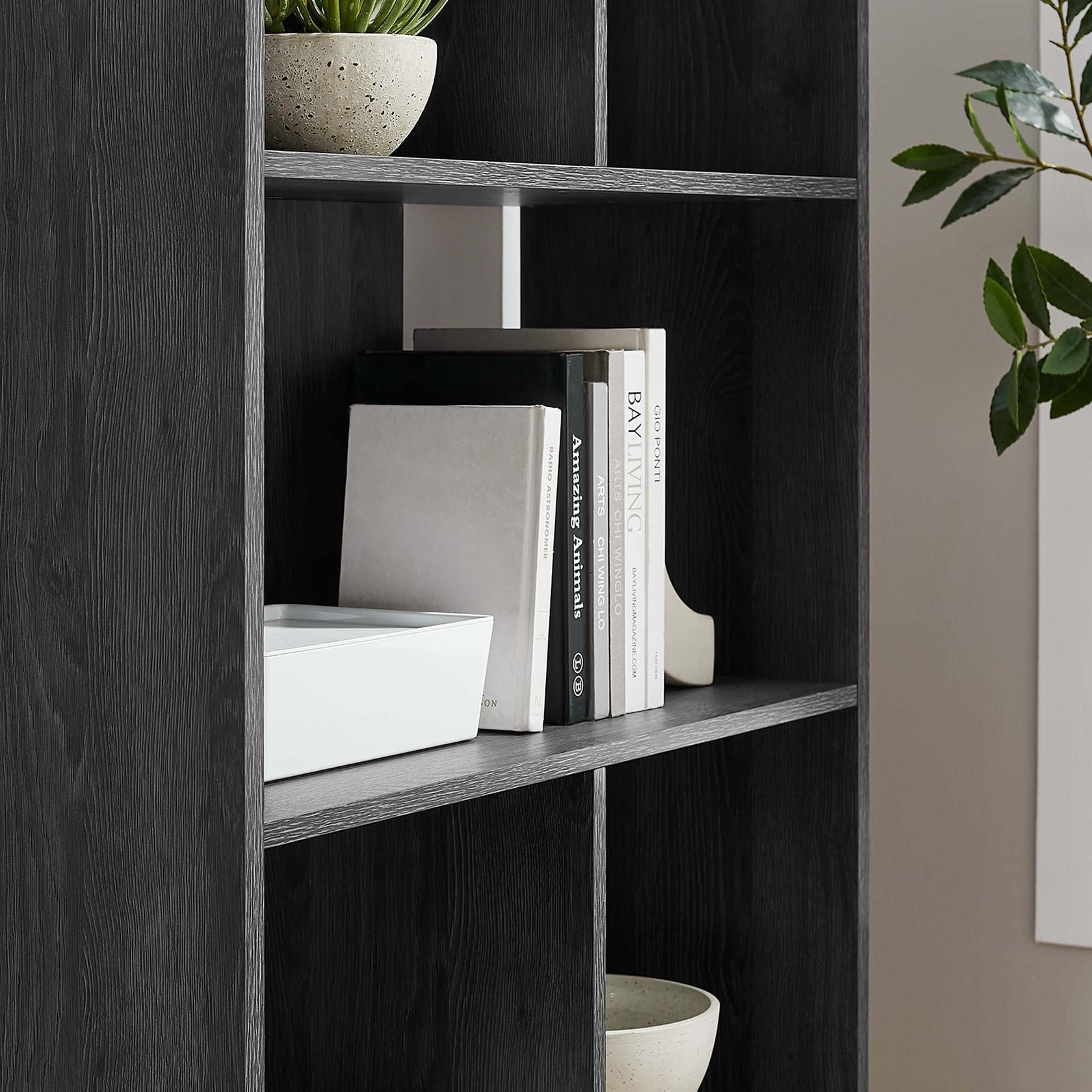 Transmit 5 Shelf Wood Grain Bookcase | Walnut, Charcoal &amp; Oak Color Options| Contemporary Three Tiered Bookcase | Smooth Wood Grain Laminate | Five Spacious Storage Units image 8