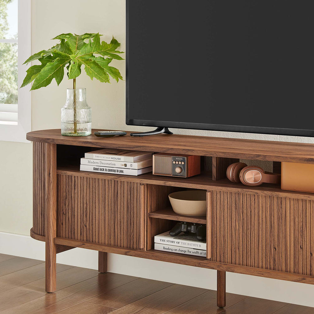 Cadence 71" Curved TV Stand | Oak &amp; Walnut Finish Options | Wood, Particleboard, MDF | Wood Grain Laminate | Adjustable Shelf | Cable Management Hole | Leveling Non-Marking Feet image 1