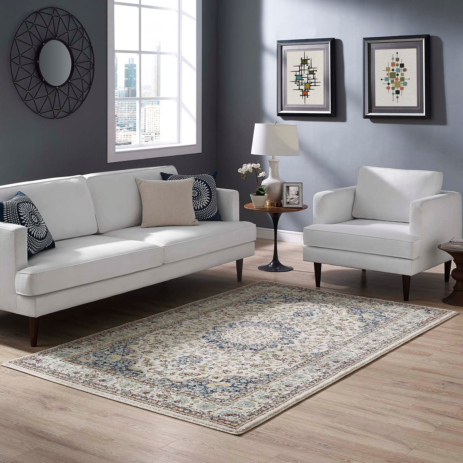 Multicolored Meryam Distressed Vintage Medallion 5x8 Area Rug | Tight Low Pile Weave | Gripping Jute Fabric Underside | 100% Polypropylene | Pack Of 2 image 0