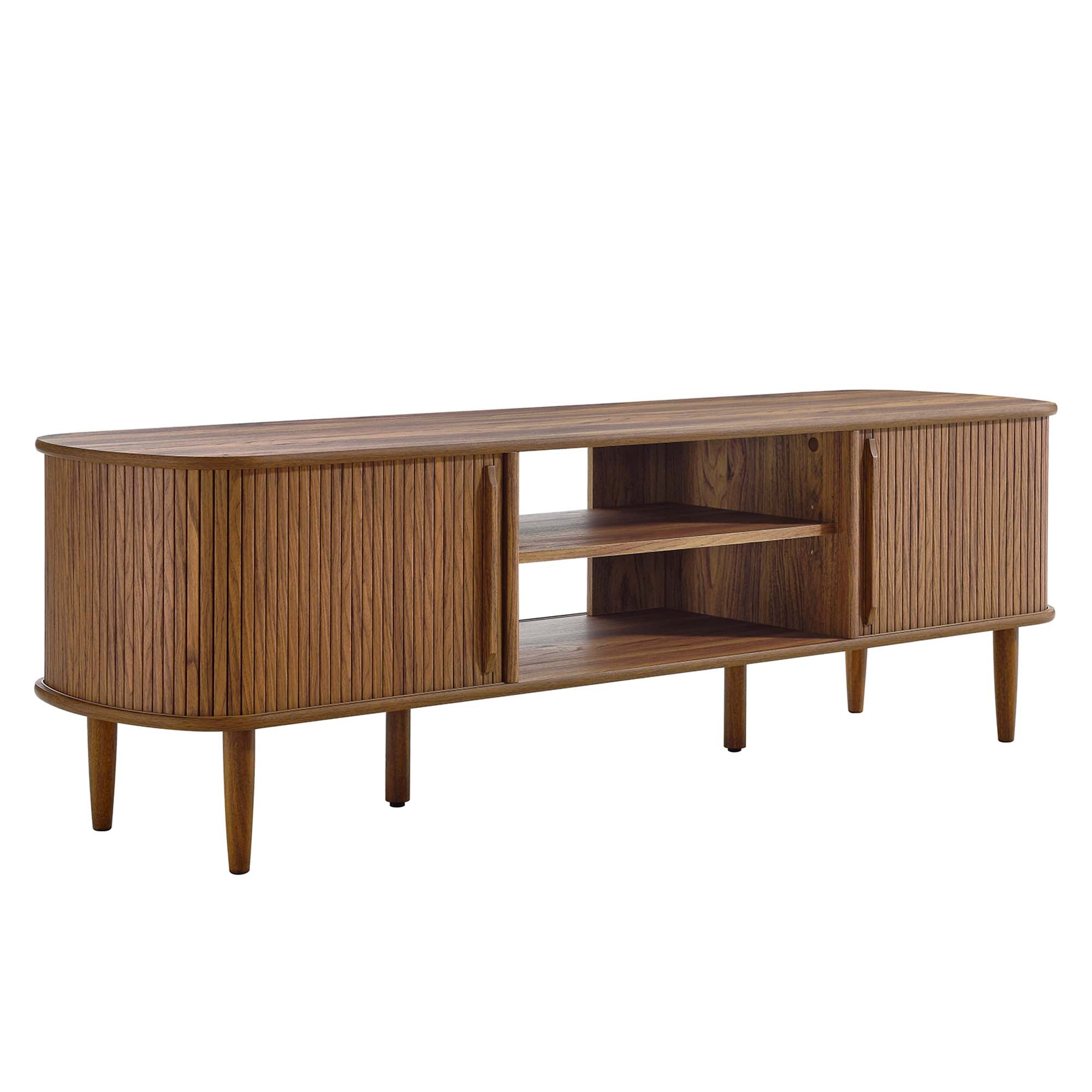 Contour 63" Wood TV Stand | Oak &amp; Walnut Finish Options | Mid-Century Modern TV Stand | Rubberwood, Particleboard, MDF | Adjustable Shelves | Sliding Doors image 11
