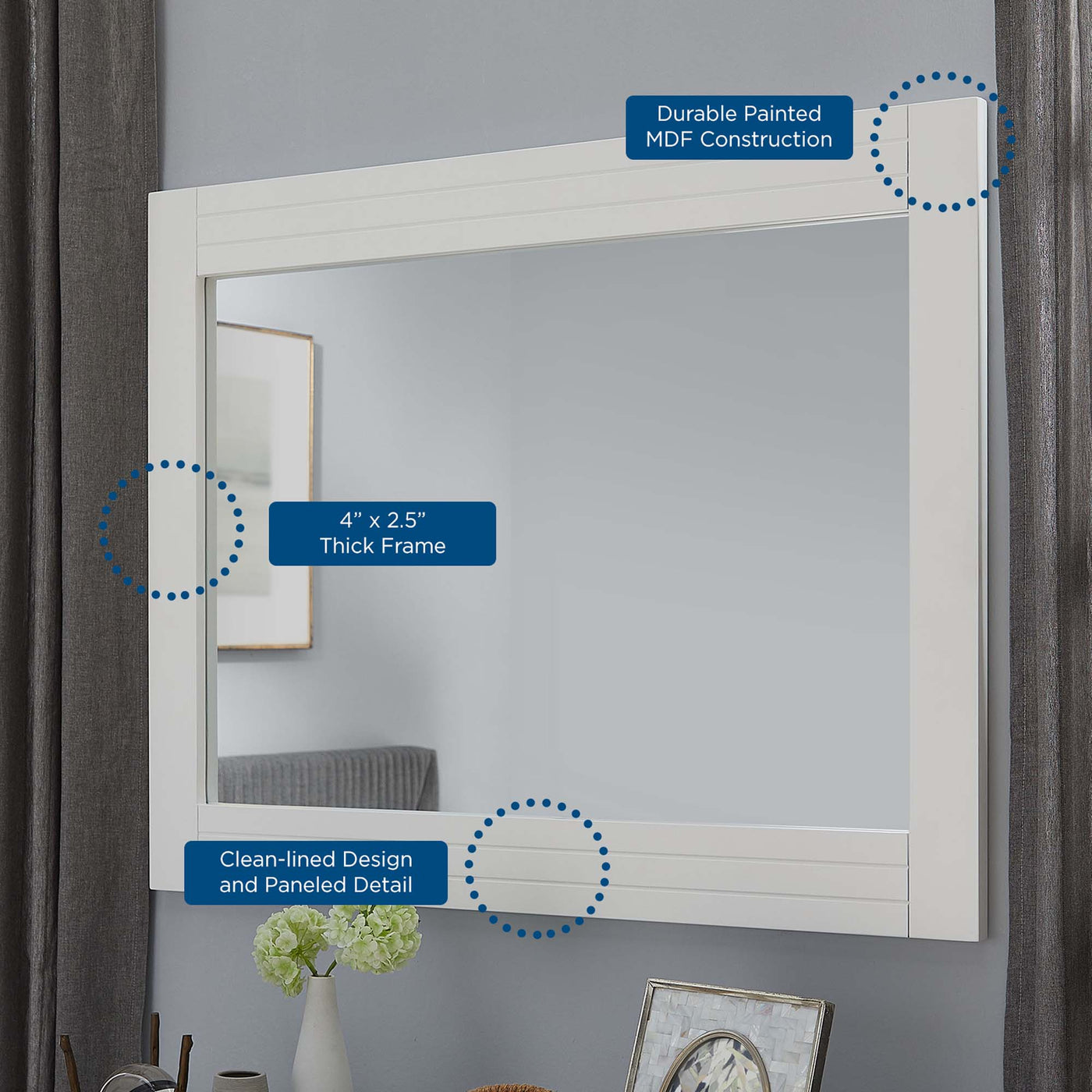 40" Dakota White Mirror | Framed Mirror For Vanities &amp; Living Spaces | Contemporary Design With Mid Century Style image 4