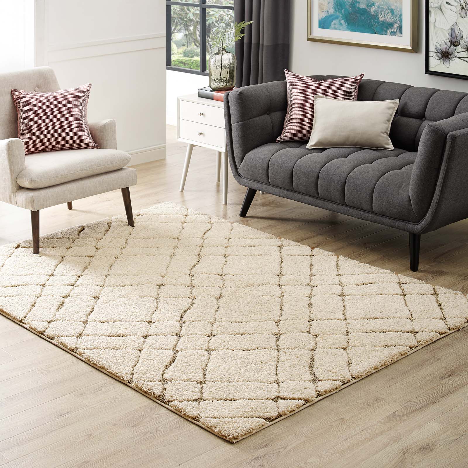 Jubilant Verona Abstract Geometric Shag 5x8 Area Rug | Creame and Beige | Shag Weave Of 1.18 Inches | Gripping Jute Fabric Underside | Soft High Density Polypropylene image 0