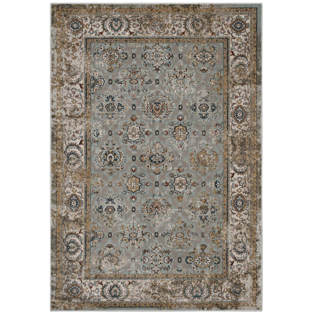 Hisa Distressed Vintage Floral Lattice 5x8 Area Rug in Silver Blue Beige and Brown | Tight Low Pile Weave | Gripping Rubber Underside | Two-Ply Polypropylene Yarn image 2
