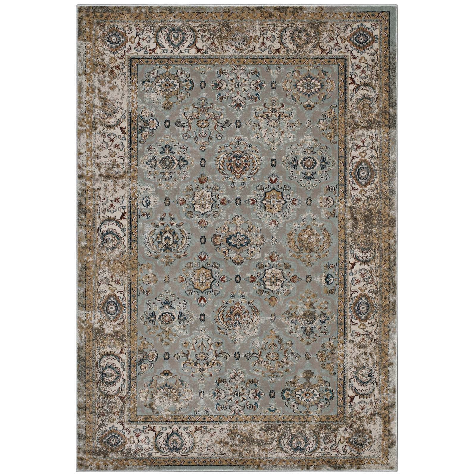 Hisa Distressed Vintage Floral Lattice 5x8 Area Rug in Silver Blue Beige and Brown | Tight Low Pile Weave | Gripping Rubber Underside | Two-Ply Polypropylene Yarn image 2