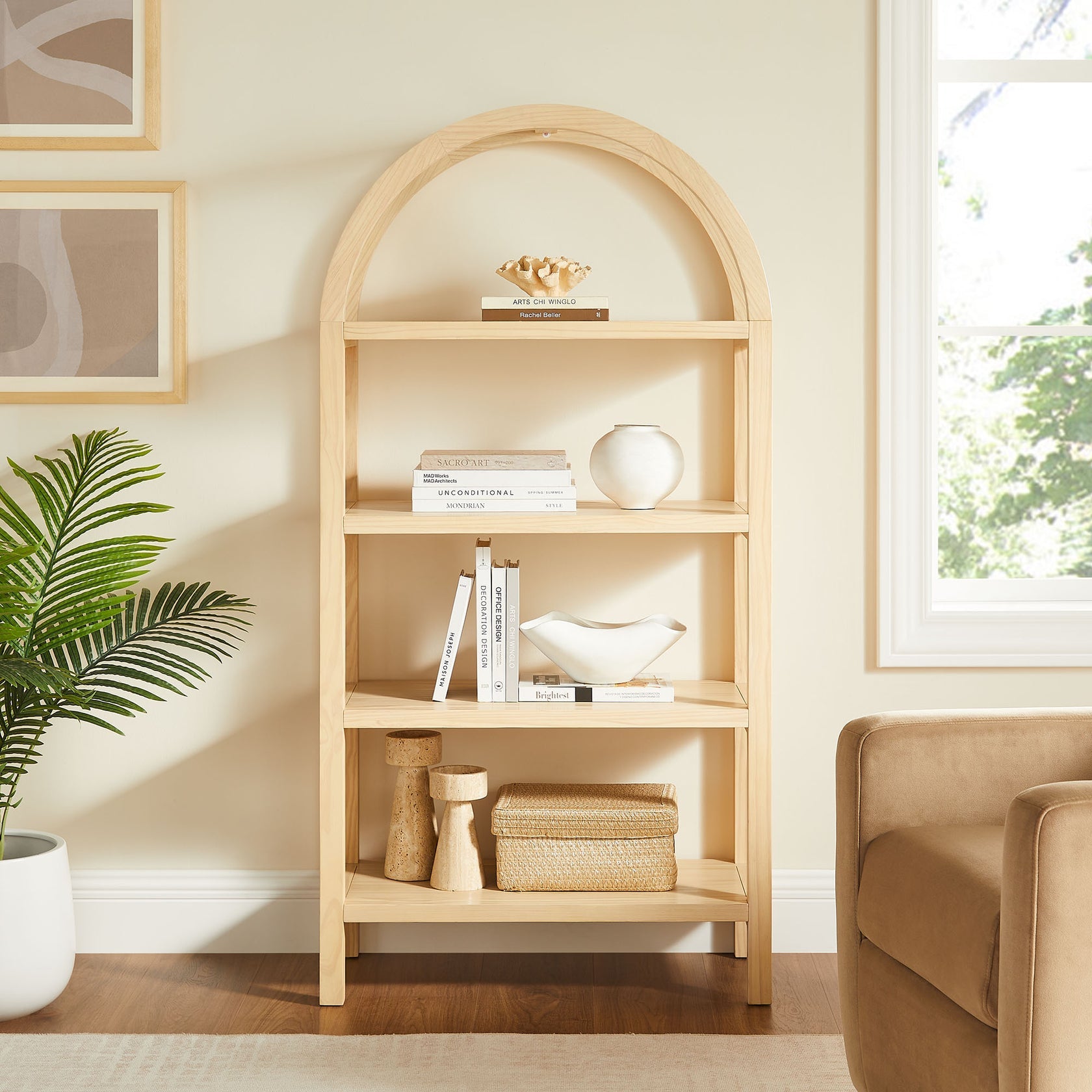 Vexley 72 Inch Large Arched Bookshelf  | Natural, Black &amp; Walnut Color Options | Pine Wood Frame | Sculptural Arched Silhouette | 4 Pine Veneer Shelves image 5