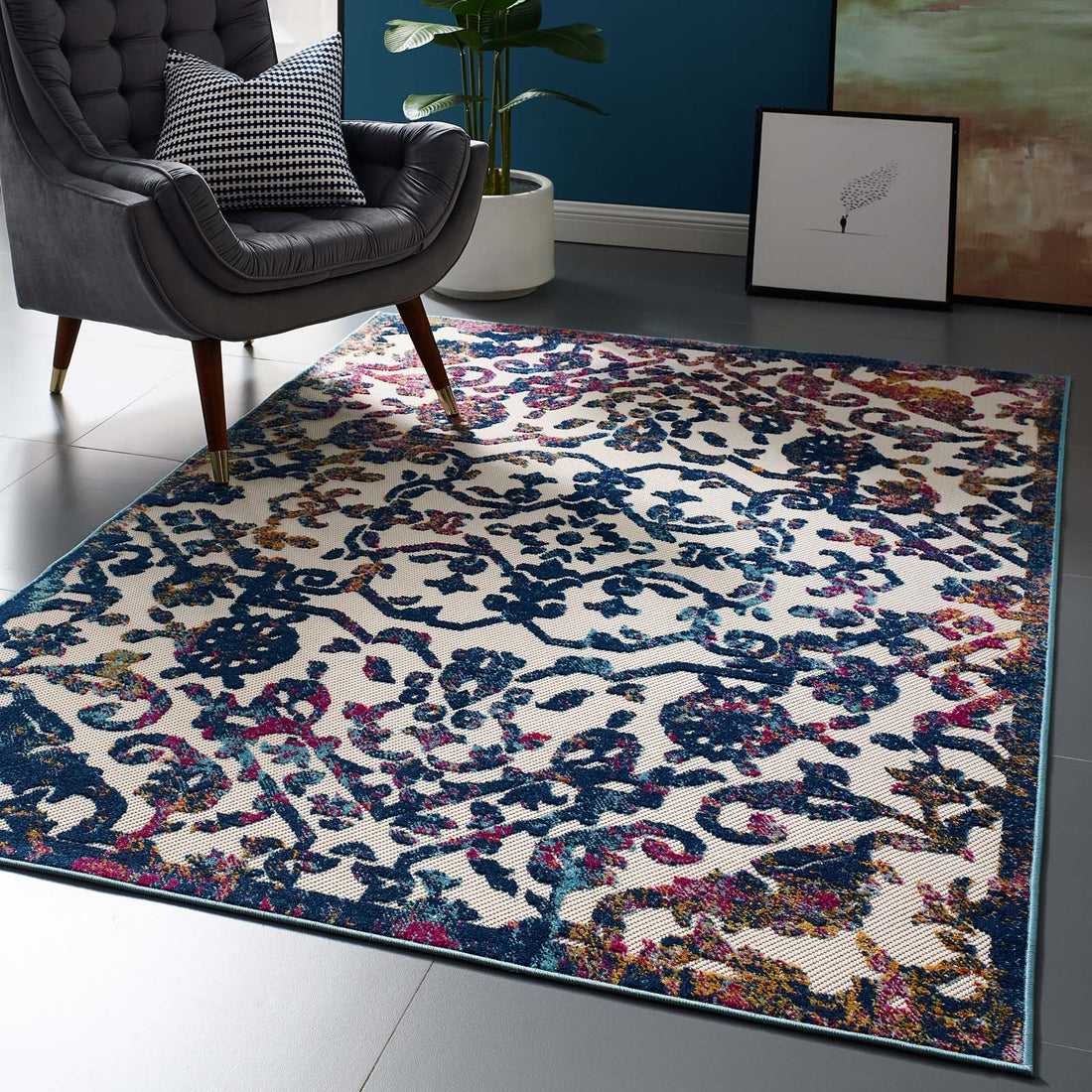 Reflect Primrose Ornate Floral Lattice Indoor/Outdoor Area Rug  | 5X8 &amp; 8X10 Size Options  | Ivory Dark Blue Multicolored &amp; Ivory Light Blue Multicolored | Tight Low Pile Weave | Gripping Rubber Underside | 100% Polypropylene Sisal image 0