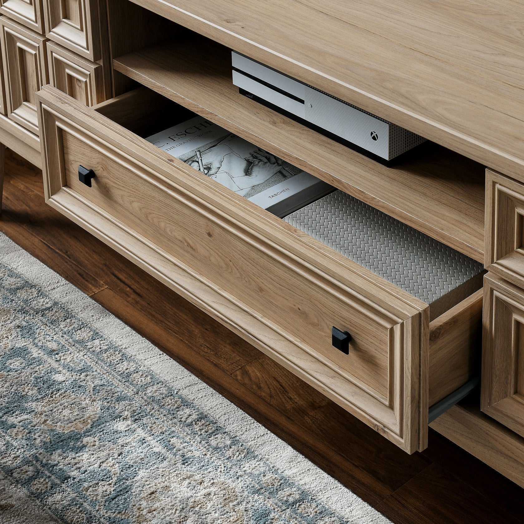 Samos 59" TV Stand | Light Oak &amp; Black Finish Options | Soft Close Hinges | 2 Push-to-Open Doors | Full-Glide Drawer | Cable Management Hole | Central Leveling Legs image 3