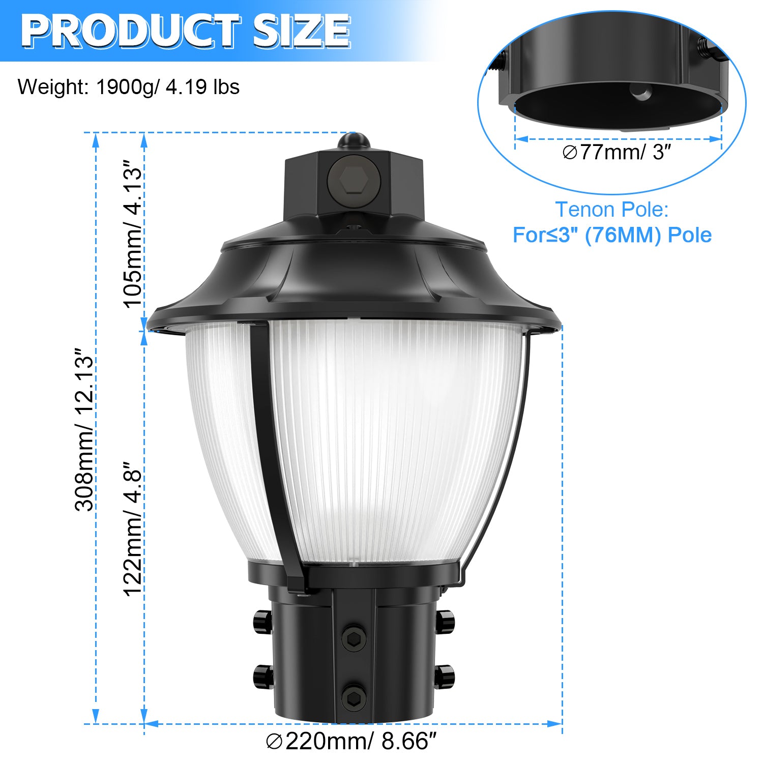 LED Post Top Light With Photocell 60W - 100W Tuneable | 3000K / 4000K / 5000K CCT Tuneable | AC 100-277V | ETL, DLC Listed | IP65 Waterproof | For Street Yard Garden Lighting image 2