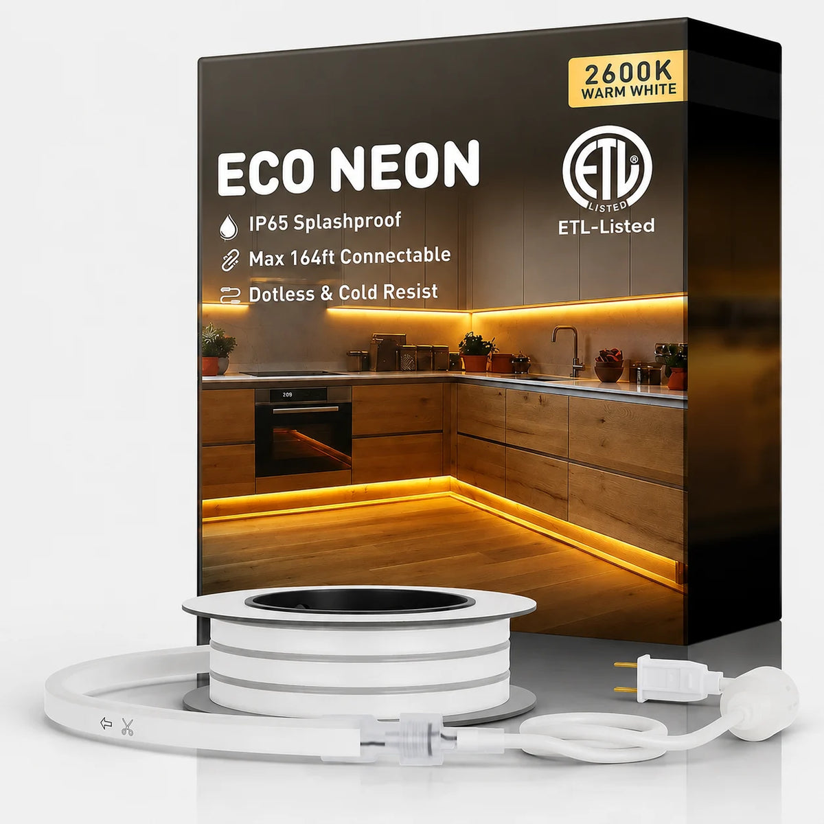 2600K Warm White LED Neon Rope Light – Dotless, Dimmable, IP65, ETL Listed