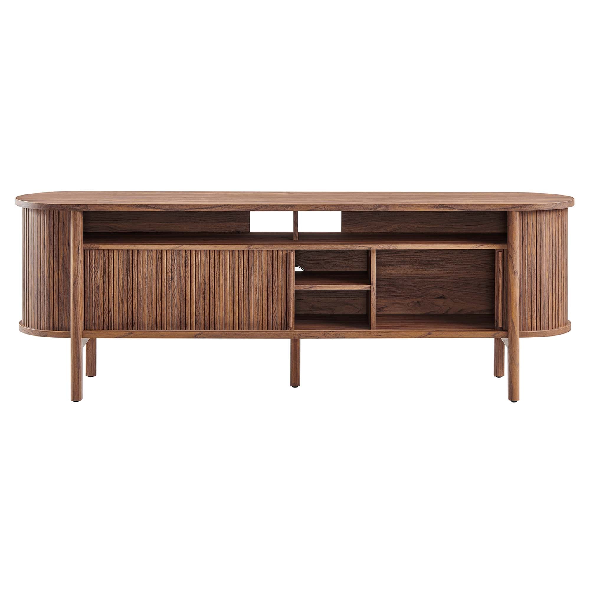Cadence 71" Curved TV Stand | Oak &amp; Walnut Finish Options | Wood, Particleboard, MDF | Wood Grain Laminate | Adjustable Shelf | Cable Management Hole | Leveling Non-Marking Feet image 8
