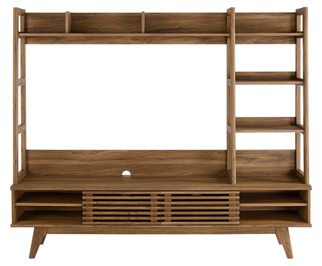 Render TV Stand Entertainment Center | Walnut Finish | Mid-Century Modern Entertainment Center | Smooth Wood Grain Laminate | Durable Particleboard and MDF Construction | Slatted Sliding Doors image 3
