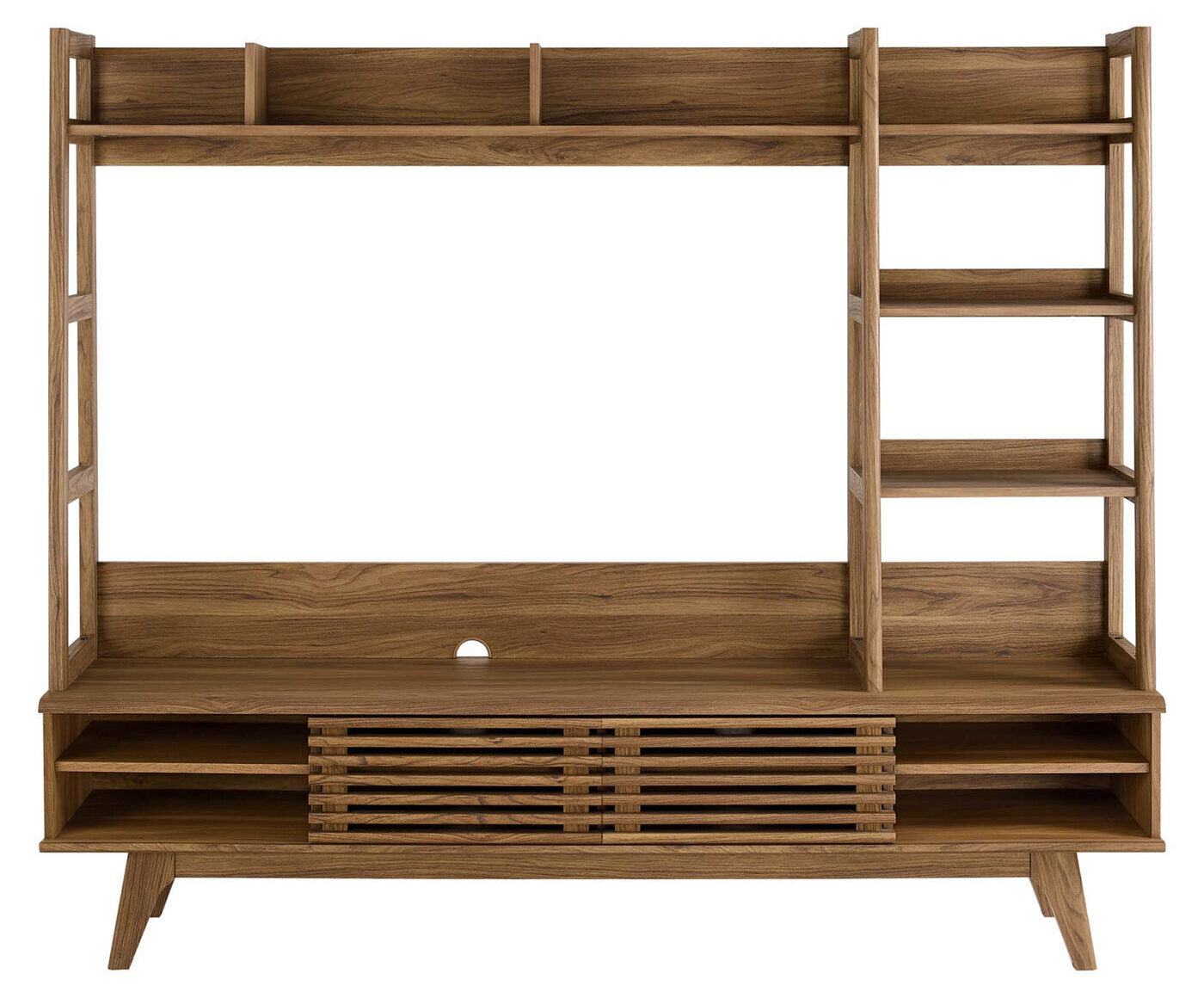 Render TV Stand Entertainment Center | Walnut Finish | Mid-Century Modern Entertainment Center | Smooth Wood Grain Laminate | Durable Particleboard and MDF Construction | Slatted Sliding Doors image 3