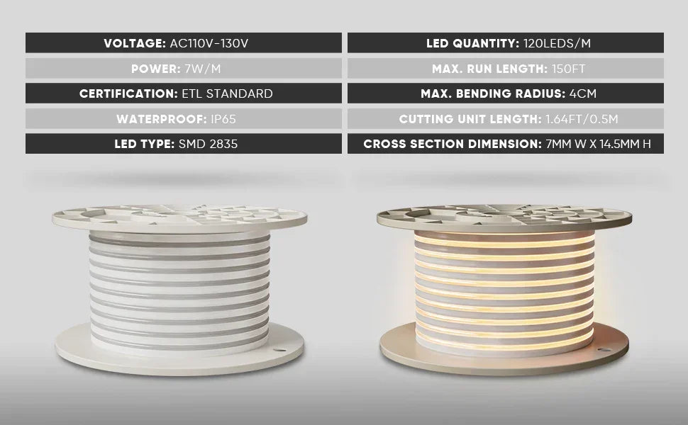 120V LED Neon Rope Light, 3000K Warm White, IP65, Cuttable & Dimmable