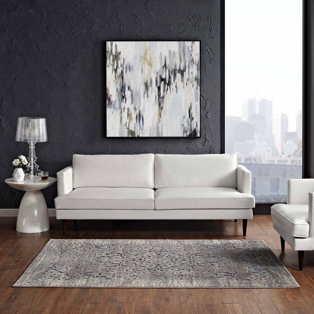 Margarida Distressed Vintage Turkish Area Rug | Blue and Cream | 5X8 &amp; 8X10 Size Options | Textured Soft Low Pile Weave | Gripping Rubber Underside | Polypropylene / Chenille Yarn image 3