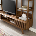 Render TV Stand Entertainment Center | Walnut Finish | Mid-Century Modern Entertainment Center | Smooth Wood Grain Laminate | Durable Particleboard and MDF Construction | Slatted Sliding Doors image 6
