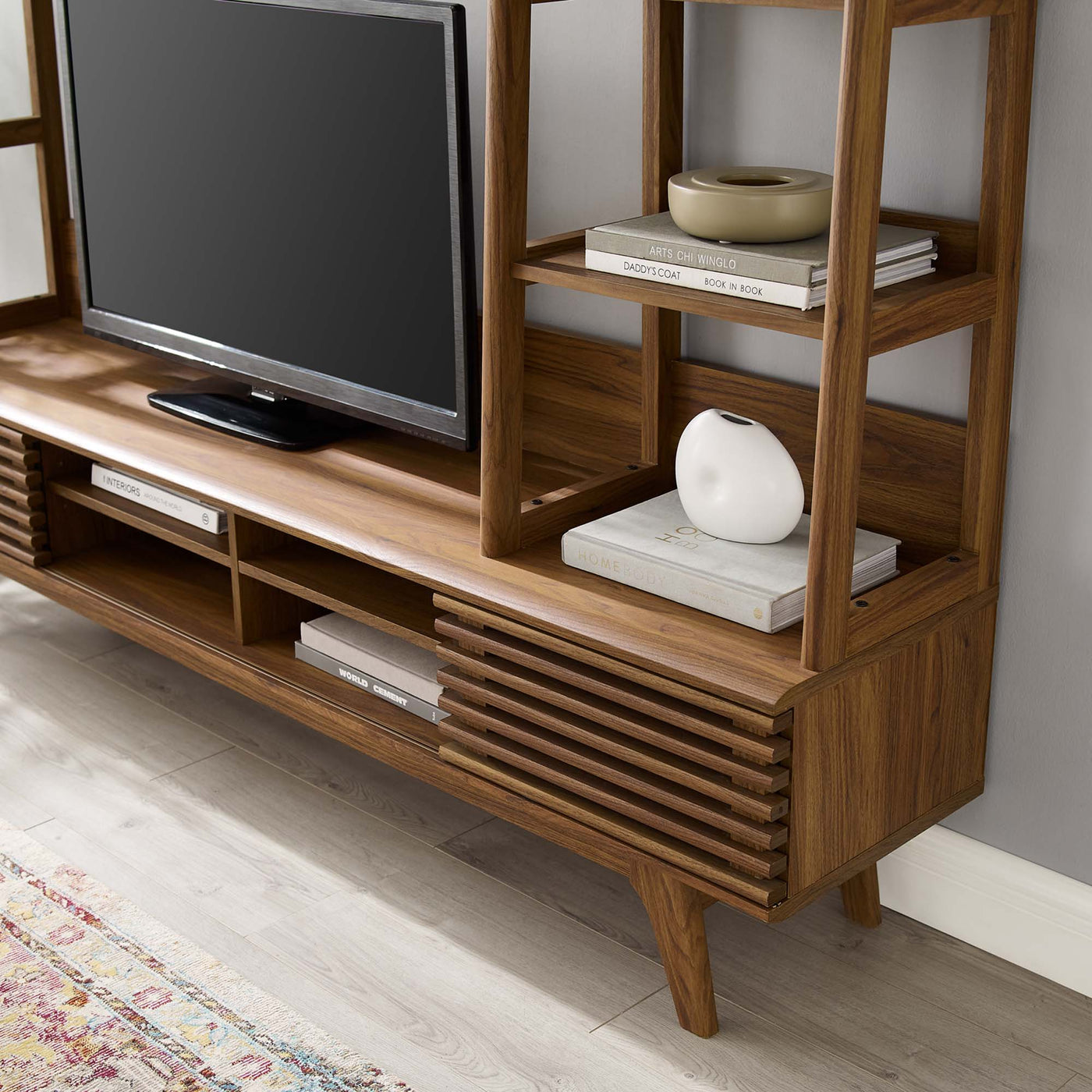 Render TV Stand Entertainment Center | Walnut Finish | Mid-Century Modern Entertainment Center | Smooth Wood Grain Laminate | Durable Particleboard and MDF Construction | Slatted Sliding Doors image 6