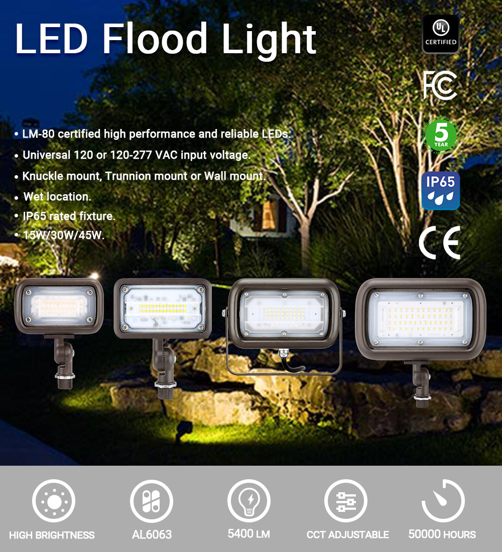 15W - 45W Outdoor LED Flood Security Lights | 5000K | 1500LM - 5400LM | UL, CE, FCC, ROHS, DLC Approved | IP65 Waterproof Landscape Lighting, Knuckle Mount, Bronze, Outdoor Garden Area Security Floodlight image 3