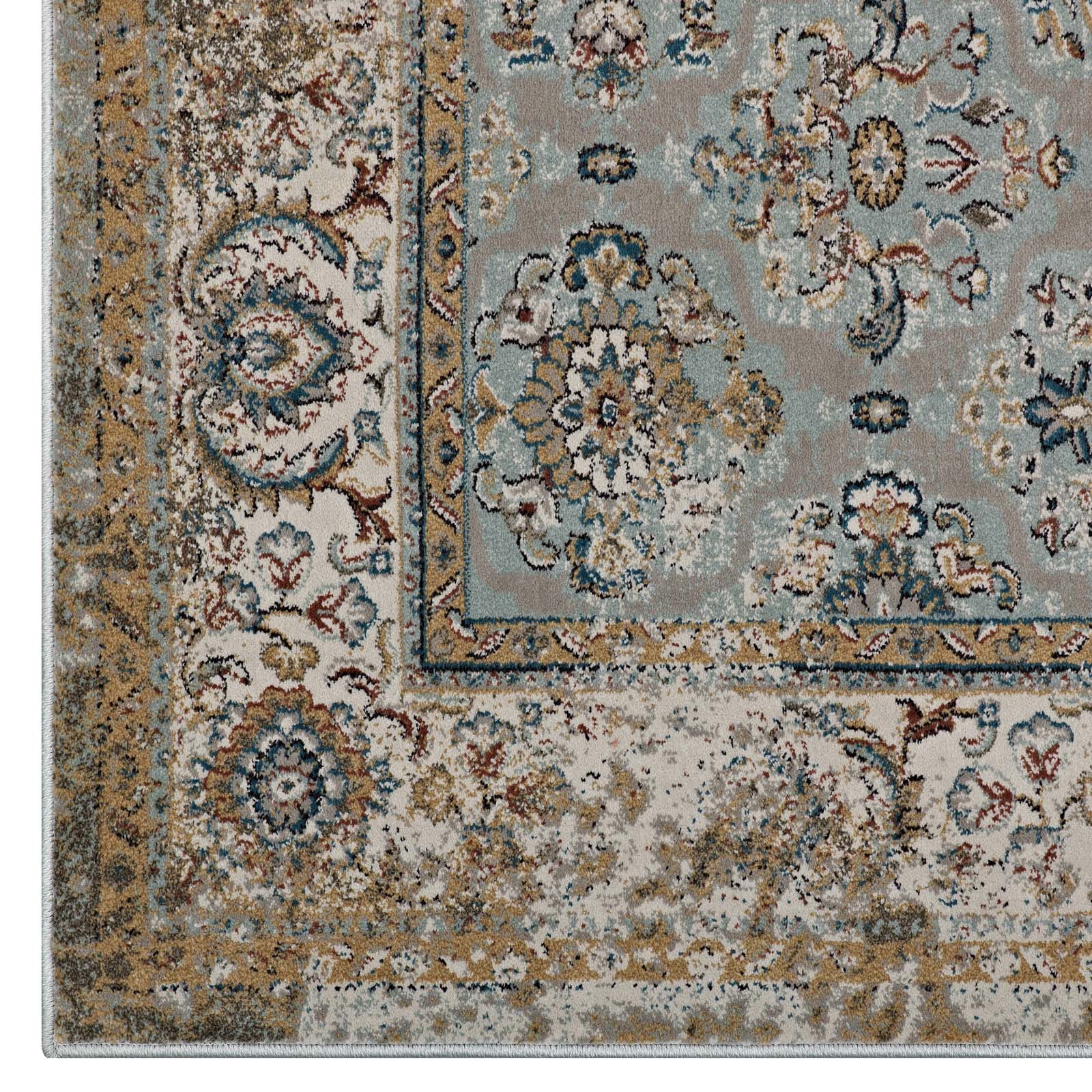 Hisa Distressed Vintage Floral Lattice 5x8 Area Rug in Silver Blue Beige and Brown | Tight Low Pile Weave | Gripping Rubber Underside | Two-Ply Polypropylene Yarn image 1