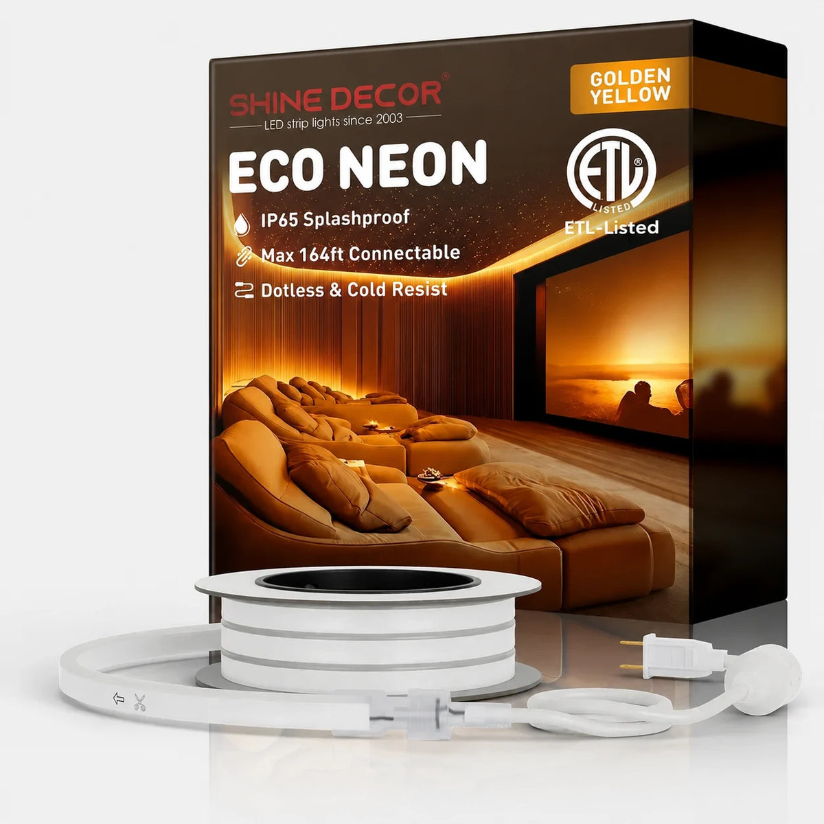 Amber Yellow LED Neon Rope Light – Dotless, Cuttable, IP65, ETL Listed, 110V
