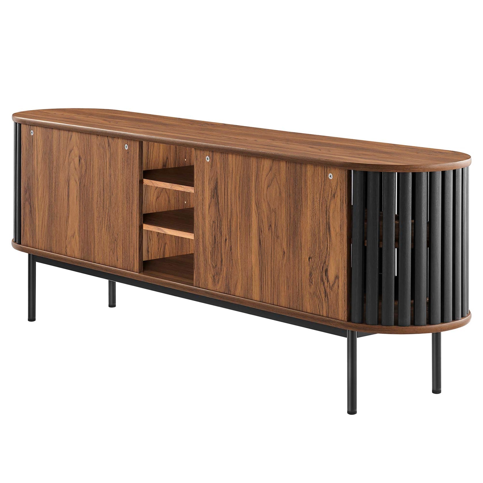 Fortitude 71" TV Stand | Oak &amp; Walnut Black Finish Options | Metal Legs | Open Back Design | Adjustable Shelves | Two Sliding Doors | MDF and Particleboard image 7