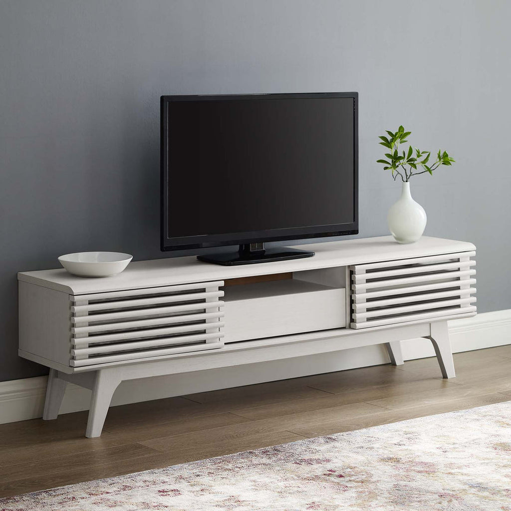 Render 59” TV Stand | White &amp; Walnut Finish Options | Mid-Century Style | Smooth Wood Grain Laminate | Dual Slatted Sliding Doors | Center Cable Management Hole image 0
