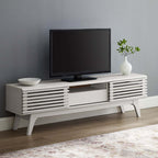 Render 59” TV Stand | White &amp; Walnut Finish Options | Mid-Century Style | Smooth Wood Grain Laminate | Dual Slatted Sliding Doors | Center Cable Management Hole image 0