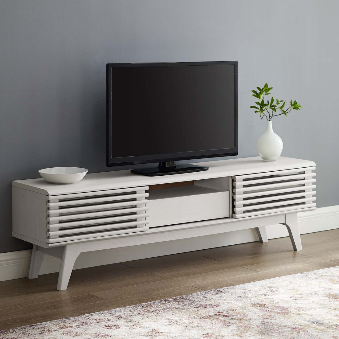 Render 59” TV Stand | White &amp; Walnut Finish Options | Mid-Century Style | Smooth Wood Grain Laminate | Dual Slatted Sliding Doors | Center Cable Management Hole image 0