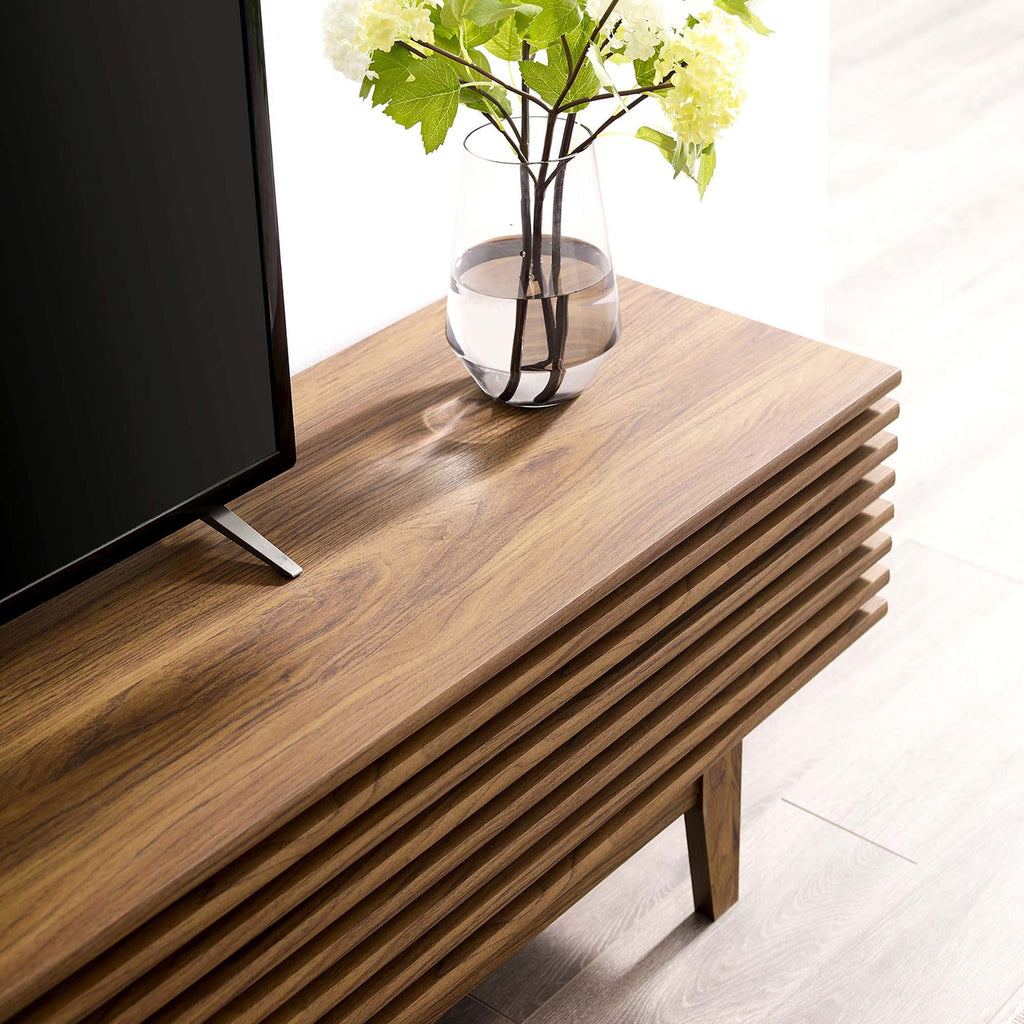 Render 71" TV Stand | Oak &amp; Walnut Finish Options | Mid-Century Modern TV Stand | Smooth Wood Grain Laminate | Durable Particleboard | Two Bottom-Hinged Doors image 2