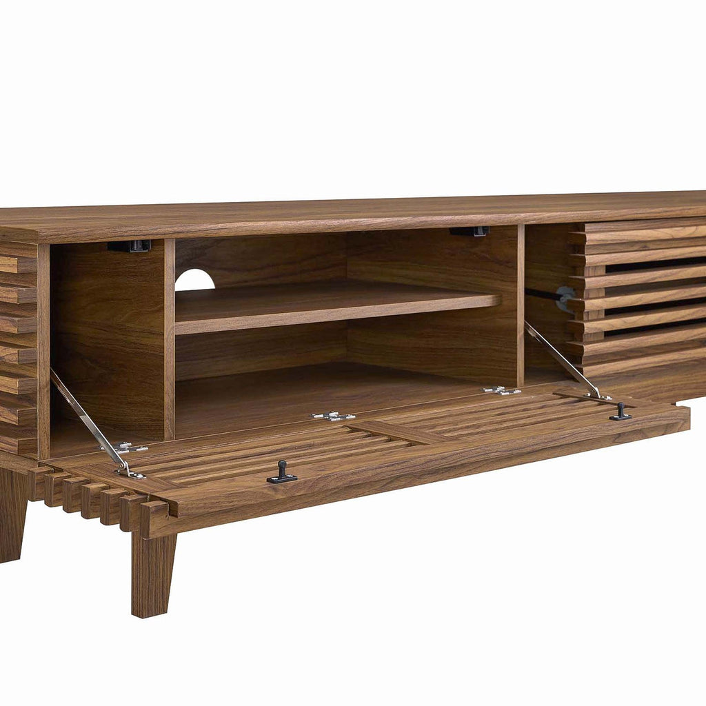 Render 71" TV Stand | Oak &amp; Walnut Finish Options | Mid-Century Modern TV Stand | Smooth Wood Grain Laminate | Durable Particleboard | Two Bottom-Hinged Doors image 6